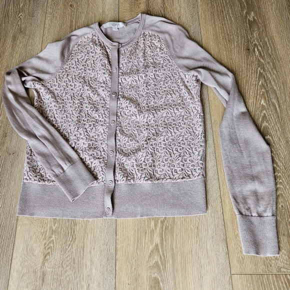 Women's Tan Khaki Brown Front Lace Button Up Dressy Cardigan Sweater Medium - Picture 3 of 13